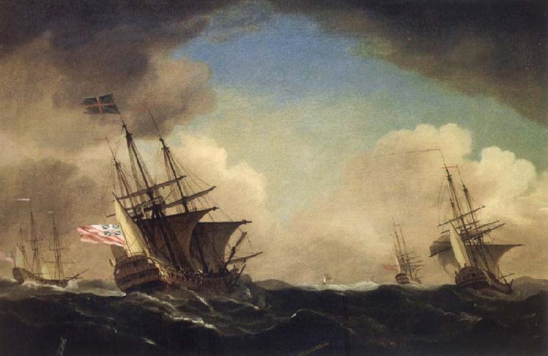 Monamy, Peter A squadron of English ships beating to windward in a gale Sweden oil painting art